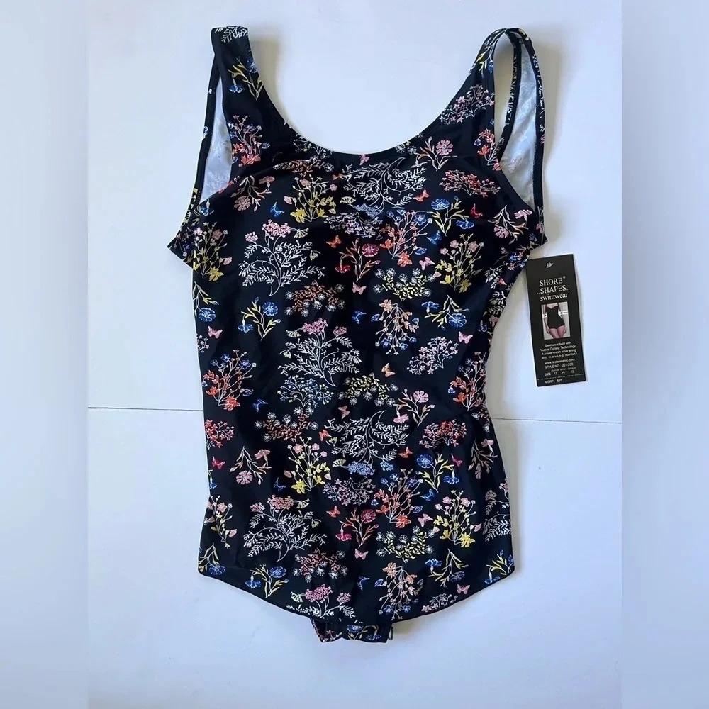 NWT Black‎ Floral Shore Shapes Swim Dress Women Size 12